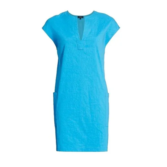 Theory Saturina Linen-Blend Shift Dress 10 Splitneck Waist patch pockets Casual - Picture 3 of 11